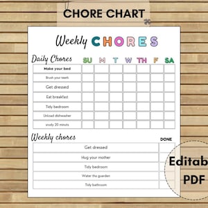 Kids Chore Responsibility home Chart, Editable Daily & Weekly Chore Chart, Children's Routine Chart, Printable Digital Instant Download