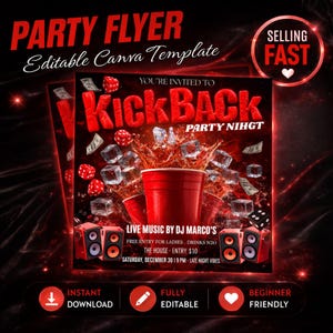Flyer voor een kickbackparty, bewerkbare clubuitnodiging (Canva-sjabloon)