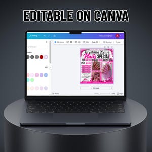 Puede incluir: Un port&aacute;til que muestra un folleto rosa y blanco con el texto "Breaking News Nails Special!". El folleto incluye im&aacute;genes de u&ntilde;as con manicura. El port&aacute;til est&aacute; sobre un pedestal gris oscuro, con las palabras "EDITABLE ON CANVA" en la parte superior.