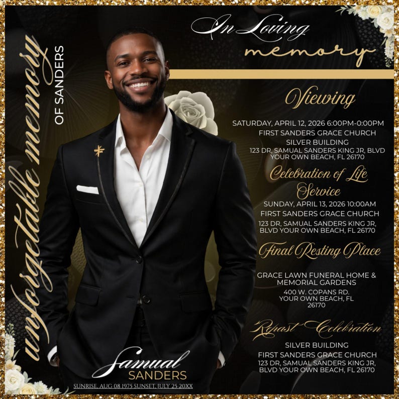 Black & Gold Funeral Invitation Template, Editable Memorial Flyer ...