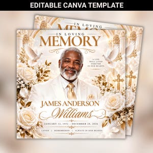 Puede incluir: Una plantilla de Canva editable para un programa funerario con el retrato de un hombre con traje blanco y corbata dorada. El diseño incluye rosas blancas, palomas volando, cruces doradas y el texto IN LOVING MEMORY, JAMES ANDERSON WILLIAMS.