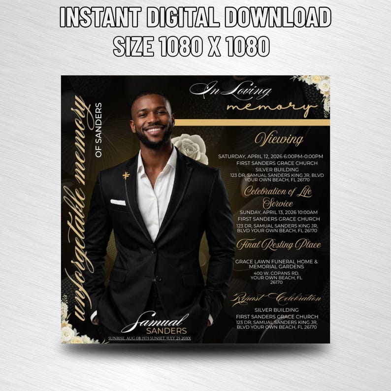 Black & Gold Funeral Invitation Template, Editable Memorial Flyer ...