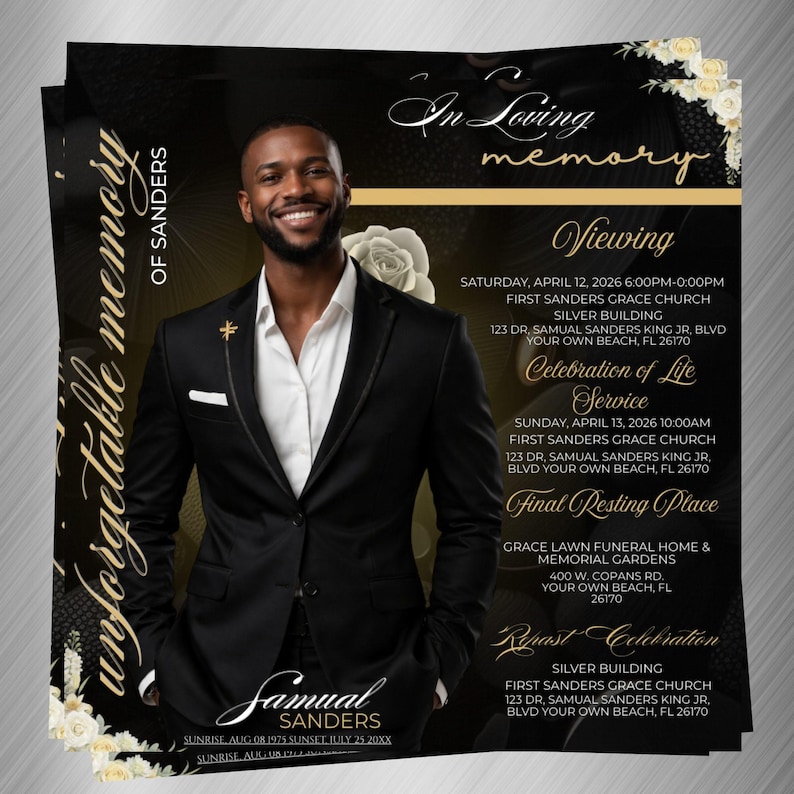 Black & Gold Funeral Invitation Template, Editable Memorial Flyer ...