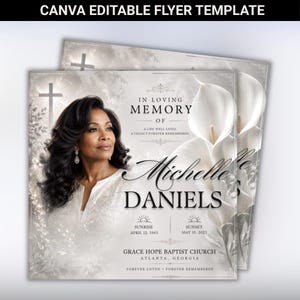 Puede incluir: Una plantilla de folleto funerario con el retrato de una persona de cabello oscuro, lirios cala blancos y una cruz. El texto incluye IN LOVING MEMORY OF Michelle DANIELS, SUNRISE APRIL 12, 1965, SUNSET MAY 10, 2025 y GRACE HOPE BAPTIST CHURCH ATLANTA, GEORGIA.