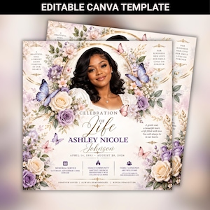 May include: A square memorial service invitation template featuring a central portrait of a person framed by purple and cream roses, greenery, and blue butterflies. The text reads Celebration of Life, Ashley Nicole Johnson, dates, and service details.