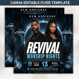 May include: A flyer template with the text "REVIVAL WORSHIP NIGHTS" in white and blue. It features images of a man and woman, with the text "NEW HORIZONS WORSHIP CENTER" at the top. The date is June 13, 2026.