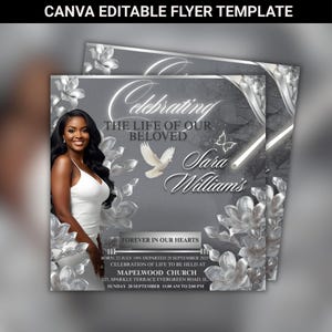 Plantilla editable y elegante de programa funerario plateado / Volante conmemorativo para Instagram (Canva) (Descargar PDF)