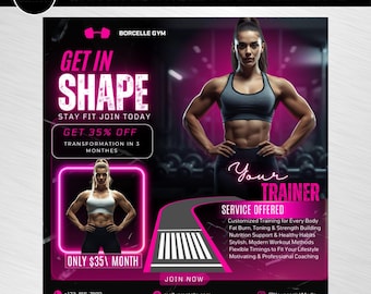 Editable Gym Fitness Coach Flyer, Personal Trainer Flyer, Fit Strength Training, Canva