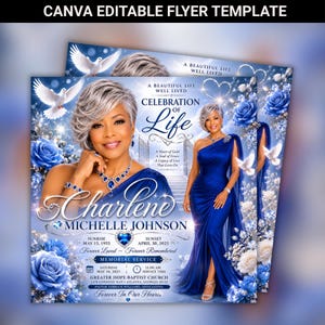 Serene Blue Funeral Announcement Flyer Template, Blue Rose Memorial flyer for Women Editable Canva