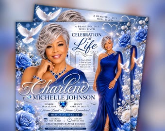 Serene Blue Funeral Announcement Flyer Template, Blue Rose Memorial flyer for Women Editable Canva