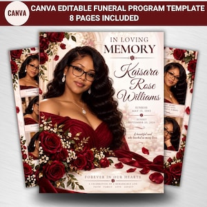 May include: An 8-page Canva editable funeral program template featuring a burgundy and white floral theme. The cover displays the text In Loving Memory, Kaisara Rose Williams, Sunrise May 15, 1993, Sunset September 20, 2024, and Forever In Our Hearts.