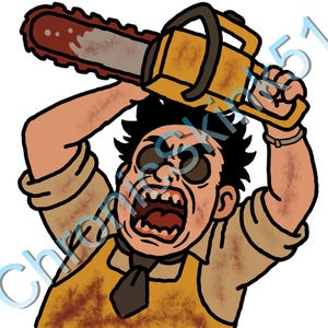 May include: Cartoon illustration of a character holding a chainsaw above their head. The chainsaw is yellow and red, with a brown handle. The character is wearing a yellow apron and a black tie, with a distressed expression.