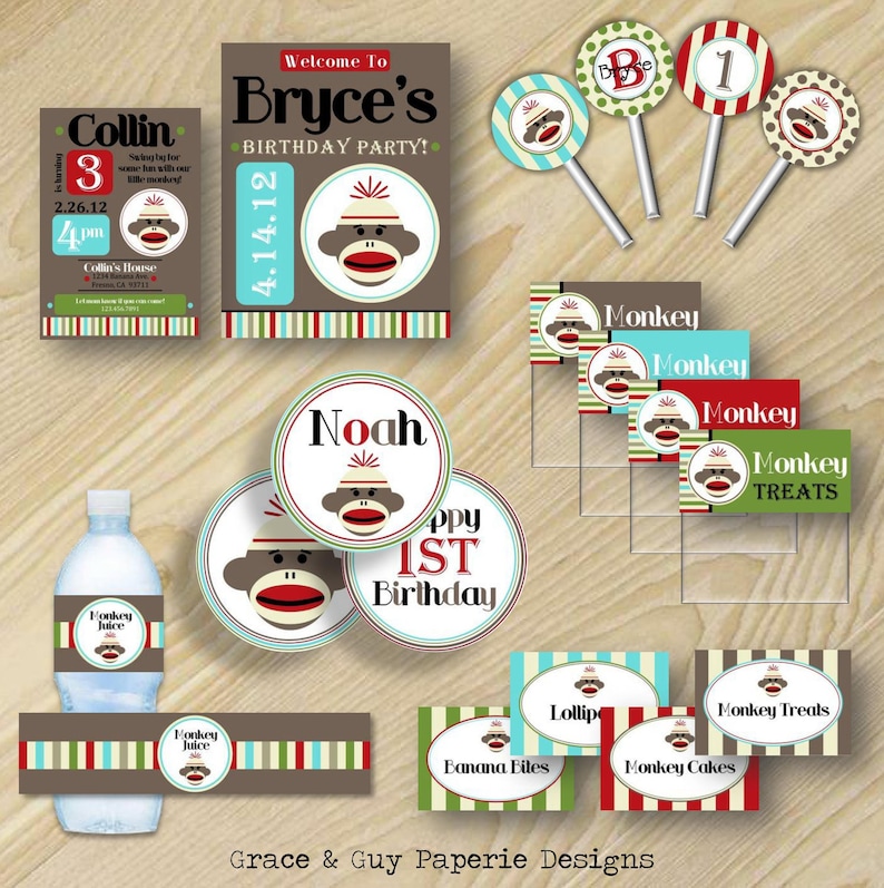 Printable Party Pack Sock Monkey Birthday Party Custom Party Monkey Birthday