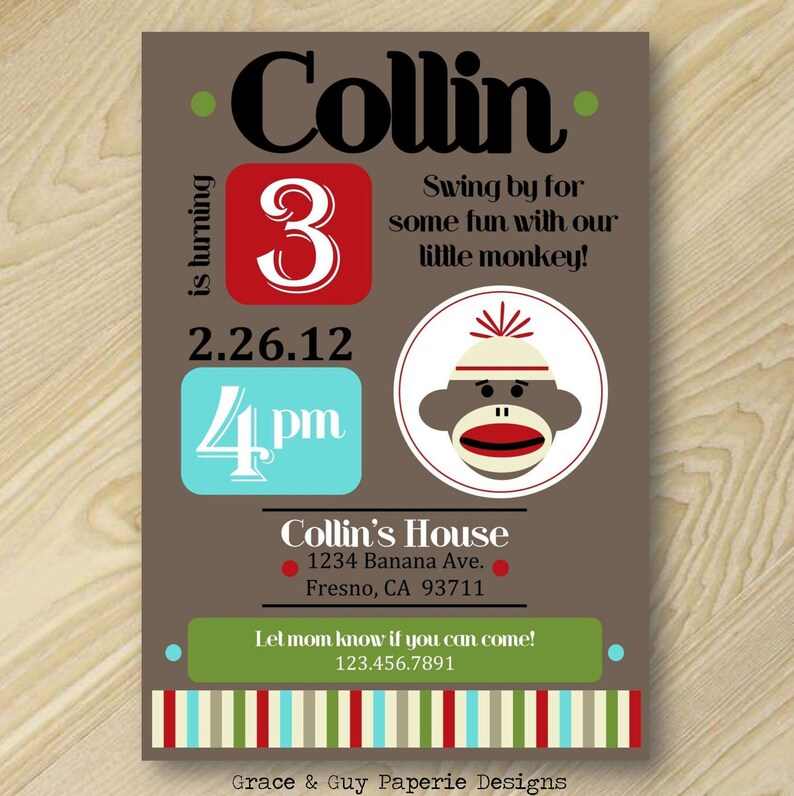 Printable Party Pack Sock Monkey Birthday Party Custom Party Monkey Birthday
