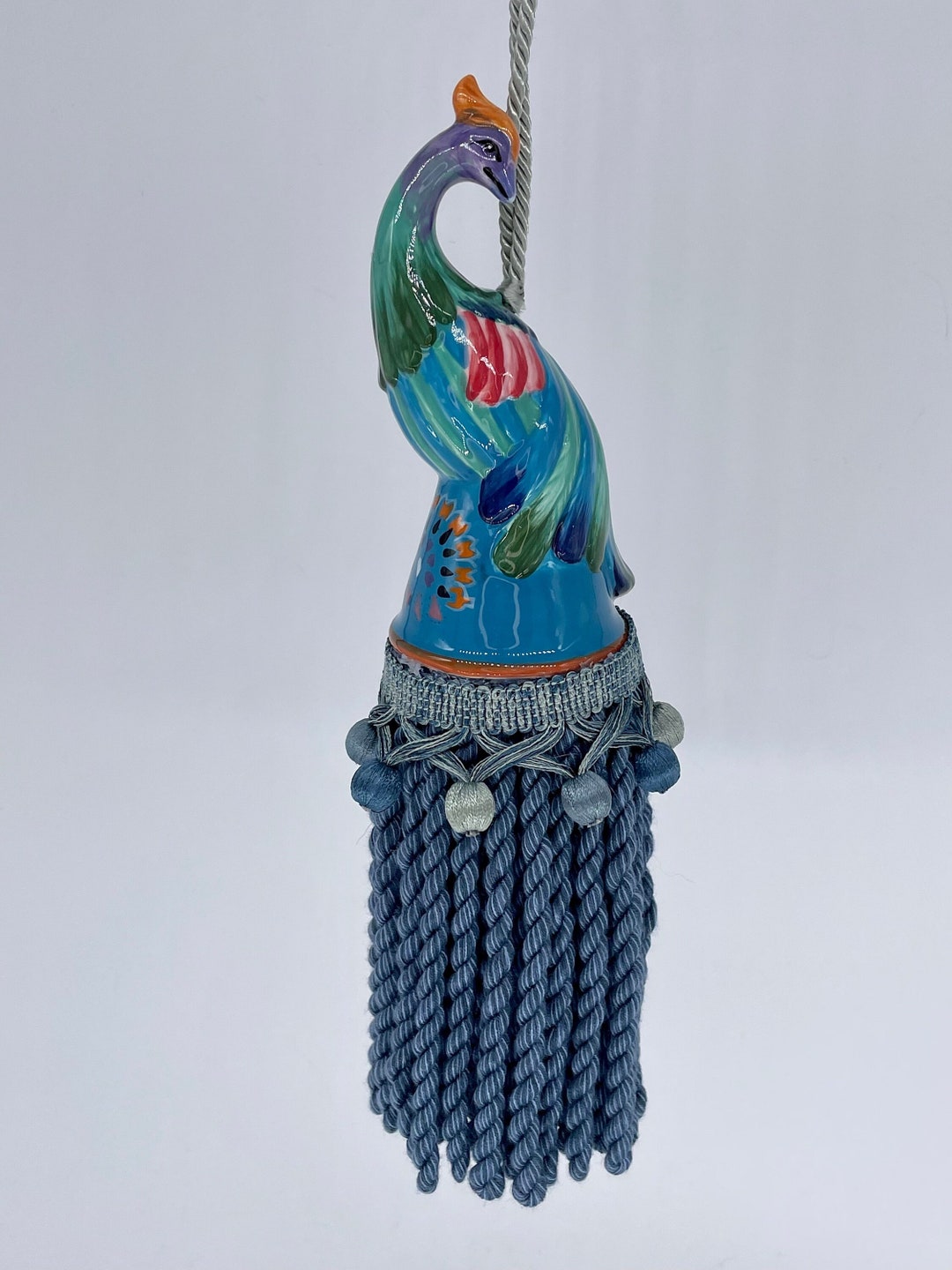 Tall Peacock Salt and Pepper Shaker Tassel, Ceramic Peacock, Ceramic Peacock Tassel, Colorful