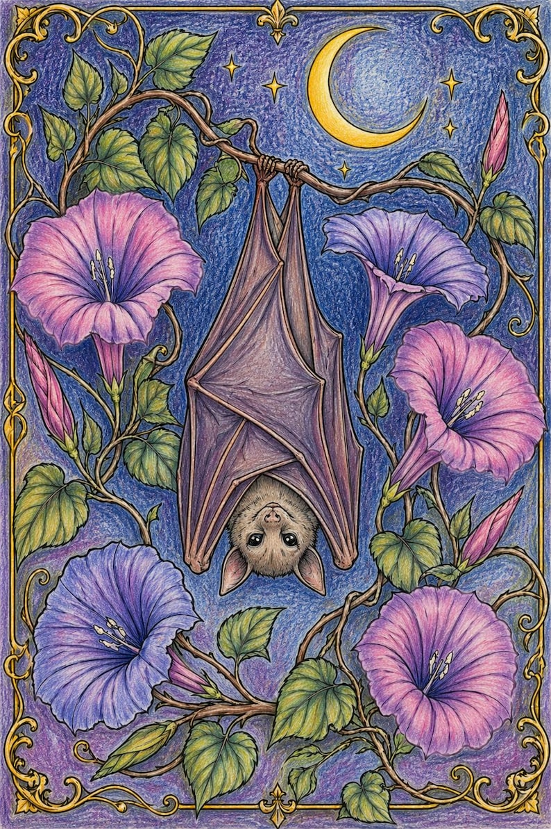 Pode incluir: Ilustra&ccedil;&atilde;o detalhada de um morcego pendurado de cabe&ccedil;a para baixo em um galho, cercado por flores de gl&oacute;ria da manh&atilde; roxas e rosas e folhas verdes. Uma lua crescente e estrelas ao fundo, com uma borda dourada decorativa.