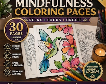 Páginas para colorir de mindfulness em PDF para imprimir, 30 desenhos relaxantes de lótus em estilo Zentangle para adultos, download instantâneo.