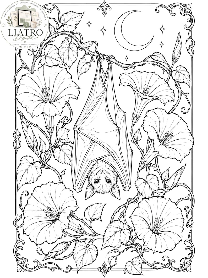 Pode incluir: Ilustra&ccedil;&atilde;o em preto e branco de um morcego pendurado de cabe&ccedil;a para baixo em um galho, cercado por grandes flores, folhas, uma lua crescente e estrelas. A imagem tem uma borda decorativa e &eacute; adequada para colorir.