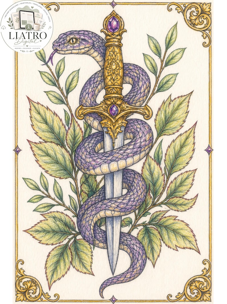 Pode incluir: Ilustra&ccedil;&atilde;o detalhada de uma espada com punho dourado e detalhes de pedras preciosas roxas, entrela&ccedil;ada com uma serpente roxa. Folhas verdes e bordas douradas decorativas emolduram o design central, criando uma est&eacute;tica m&iacute;stica.