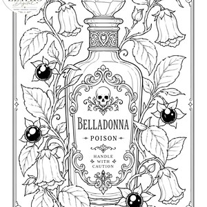 Pode incluir: Ilustra&ccedil;&atilde;o detalhada em preto e branco de uma garrafa de veneno de Beladona. A garrafa &eacute; rodeada por elementos florais e apresenta o texto "Belladonna Poison" com um gr&aacute;fico de caveira. O design inclui as palavras "Handle with Caution".