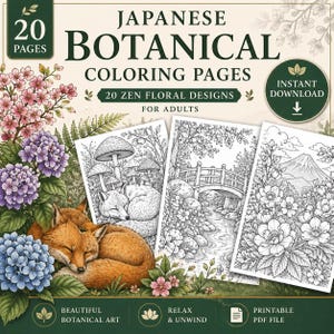 Könnte beinhalten: Ein digitaler Download eines japanischen botanischen Malbuchs für Erwachsene. Das Cover zeigt einen schlafenden Fuchs, Blumen und drei Beispiel-Malvorlagen mit Zen-Blumendesigns. Das Buch umfasst 20 Seiten und ist als Sofort-Download verfügbar.