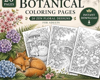 Desenhos botânicos japoneses para colorir, PDF imprimível para adultos, 20 desenhos florais zen, download instantâneo