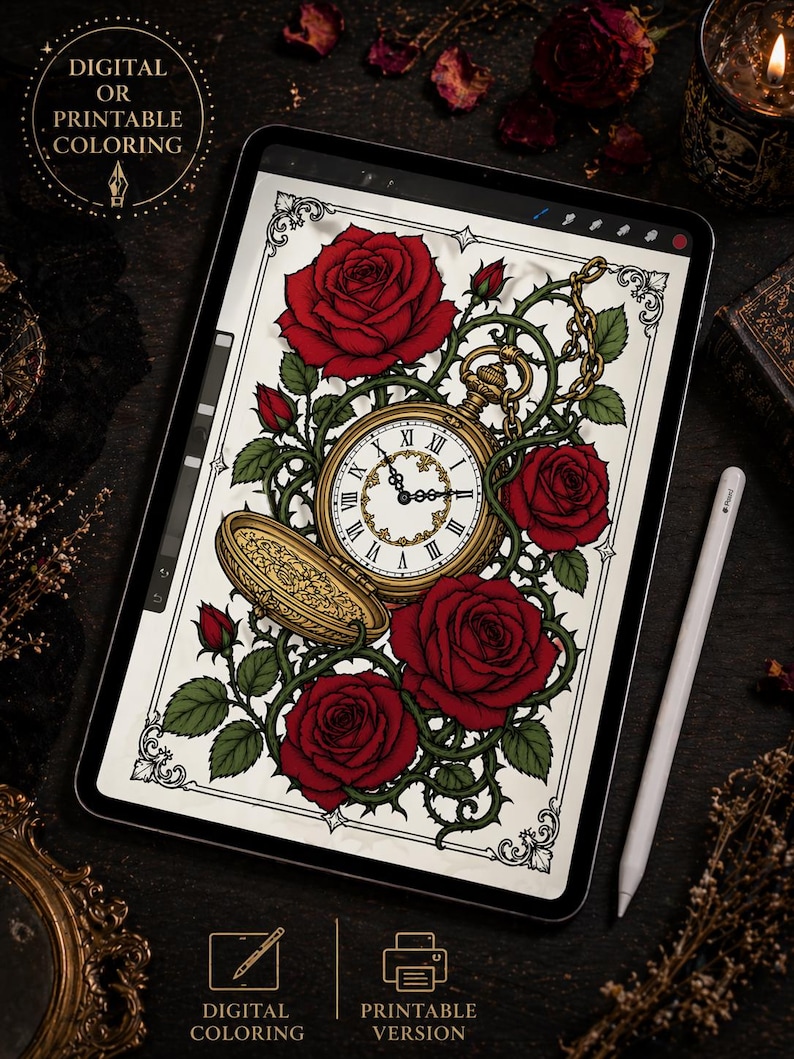 Pode incluir: P&aacute;gina para colorir digital ou imprim&iacute;vel com um rel&oacute;gio de bolso rodeado por rosas vermelhas e videiras verdes. O rel&oacute;gio tem algarismos romanos e est&aacute; ligado a uma corrente. A imagem est&aacute; num tablet com uma caneta.