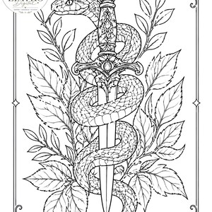 Pode incluir: Ilustra&ccedil;&atilde;o em preto e branco de uma adaga entrela&ccedil;ada por uma cobra, rodeada por folhas. A adaga tem um cabo ornamentado e est&aacute; centrada na imagem. A cabe&ccedil;a da cobra &eacute; vis&iacute;vel no topo.