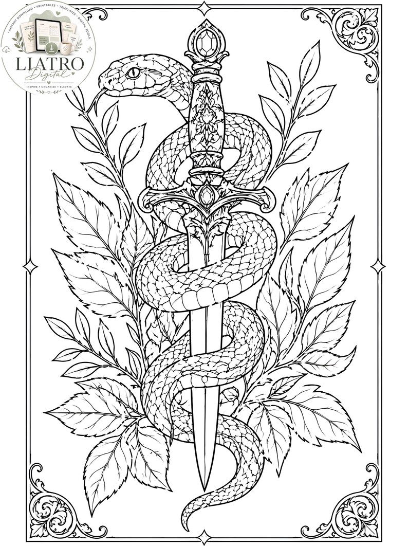Pode incluir: Ilustra&ccedil;&atilde;o em preto e branco de uma adaga entrela&ccedil;ada por uma cobra, rodeada por folhas. A adaga tem um cabo ornamentado e est&aacute; centrada na imagem. A cabe&ccedil;a da cobra &eacute; vis&iacute;vel no topo.