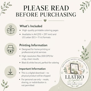 Pode incluir: Uma folha de informa&ccedil;&otilde;es sobre download digital com o texto "POR FAVOR, LEIA ANTES DE COMPRAR". Inclui detalhes sobre p&aacute;ginas para colorir imprim&iacute;veis, formatos dispon&iacute;veis, informa&ccedil;&otilde;es de impress&atilde;o e notas importantes.