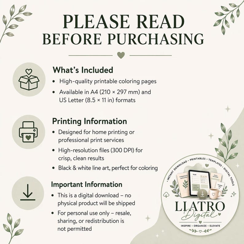 Pode incluir: Uma folha de informa&ccedil;&otilde;es sobre download digital com o texto "POR FAVOR, LEIA ANTES DE COMPRAR". Inclui detalhes sobre p&aacute;ginas para colorir imprim&iacute;veis, formatos dispon&iacute;veis, informa&ccedil;&otilde;es de impress&atilde;o e notas importantes.