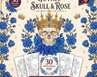 Desenhos para colorir de caveiras góticas para adultos, com rosas e flores, arte botânica sombria, estilo tatuagem, PDF para imprimir, 30 páginas, download instantâneo.