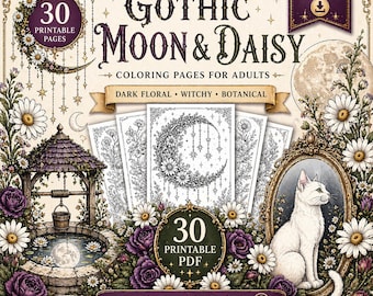 Desenhos para colorir da Lua Gótica para adultos, com margaridas, arte botânica sombria, PDF para imprimir, 30 páginas, download instantâneo.