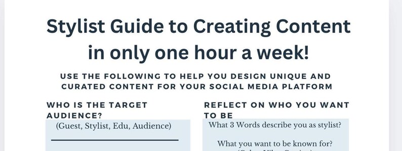 Może przedstawiać: Biała grafika z tekstem "Stylist Guide to Creating Content in only one hour a week!". Tekst jest w kolorze ciemnoniebieskim. Grafika zawiera r&oacute;wnież podpowiedzi dotyczące tworzenia treści.