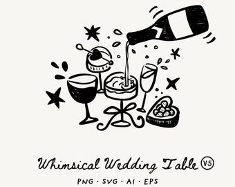 Ilustración digital de una mesa de boda dibujada a mano: una cena original y divertida (descarga digital).