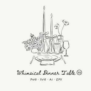 Puede incluir: Ilustración en blanco y negro de una mesa de cena caprichosa. El diseño incluye velas altas con cintas, flores en jarrones, platos, vasos y cubiertos. El texto "Whimsical Dinner Table" está en la parte inferior.