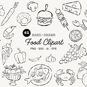 May include: Hand-drawn food clipart collection featuring 62 illustrations of various foods, including fruits, vegetables, seafood, and desserts. The black and white line art style includes a burger, pizza slice, and a shrimp.