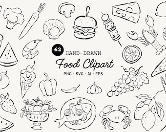 Hand Drawn Wedding Food Clipart SVG, Whimsical Reception Meal Illustrations, Cute Hand drawn Dinner Doodles for Wedding Invitation Design