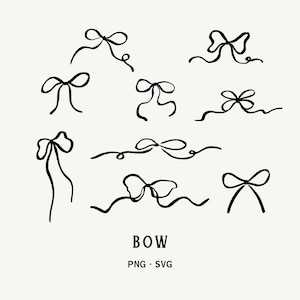 Peut inclure: Une collection de huit illustrations de nœuds dessinées à la main en noir, avec des formes et des longueurs de ruban variées. Le texte BOW PNG SVG est imprimé en noir au centre en bas de l'image. Chaque nœud présente un style de ligne fluide.