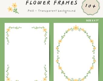 Könnte beinhalten: Zwei weiße Papiervorlagen mit floralen Designs. Eine hat einen Eckrahmen, die andere einen ovalen Rahmen. Beide zeigen gelbe Blumen und grüne Ranken. Der Text lautet "FLOWER FRAMES" und "PNG - Transparent background". Die Größe beträgt 12,7 x 17,8 cm.