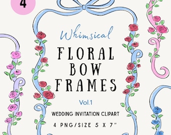Könnte beinhalten: Verspielte florale Schleifenrahmen für Hochzeitseinladungen. Das Bild zeigt eine hellblaue Schleife und Rahmen, die mit roten und rosa Rosen, grünen Blättern und dem Text "Whimsical Floral Bow Frames" verziert sind. Die Größe beträgt 12,7 x 17,8 cm.