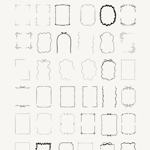 K&ouml;nnte beinhalten: Eine Illustration mit 100 handgezeichneten Rahmen in verschiedenen Formen und Stilen. Die schwarzen Rahmen sind auf einem cremefarbenen Hintergrund angeordnet. Der Text "100 Frames" steht oben.