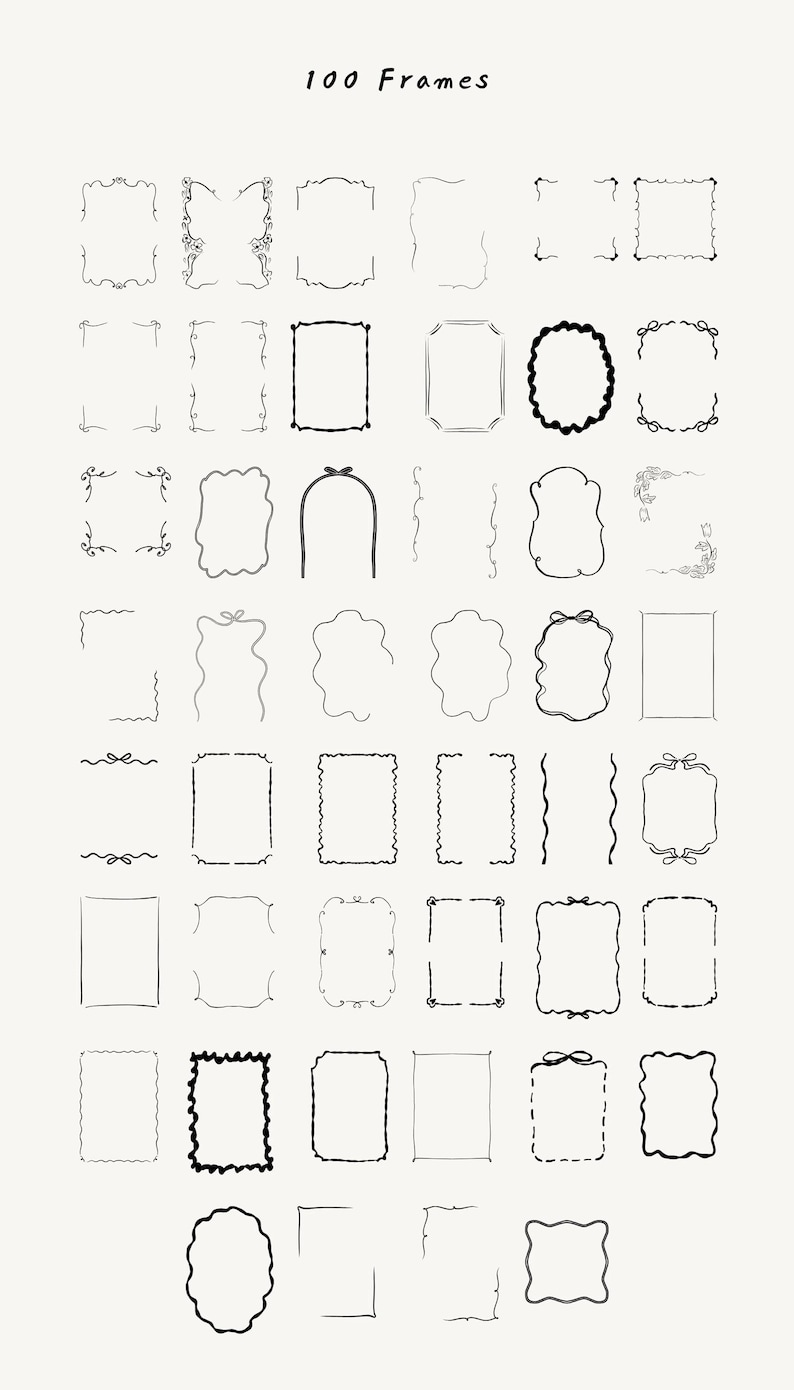 K&ouml;nnte beinhalten: Eine Illustration mit 100 handgezeichneten Rahmen in verschiedenen Formen und Stilen. Die schwarzen Rahmen sind auf einem cremefarbenen Hintergrund angeordnet. Der Text "100 Frames" steht oben.