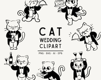 May include: Black and white cat wedding clipart. The image features several cartoon cats dressed in tuxedos, carrying trays, a cake, and glasses. The text "CAT WEDDING CLIPART" is displayed in the center.