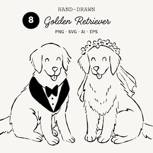 May include: Hand-drawn illustration of two Golden Retrievers. One dog is wearing a tuxedo with a bow tie, and the other is wearing a floral wreath and veil. The image includes the text "Golden Retriever" and file type options.