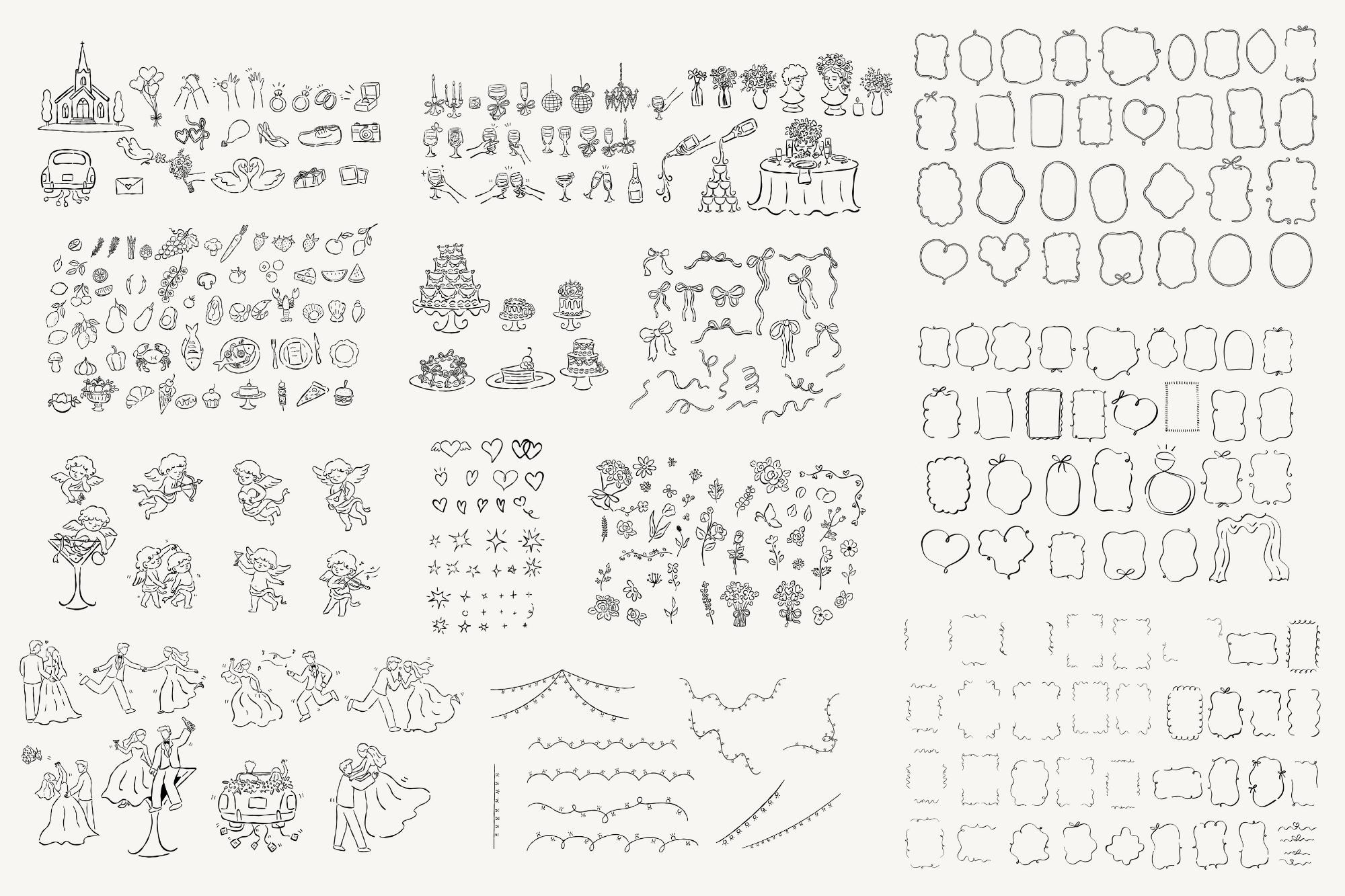 Hand Drawn Wedding SVG Clipart Bundle, Whimsical Wedding Doodle Icons ...