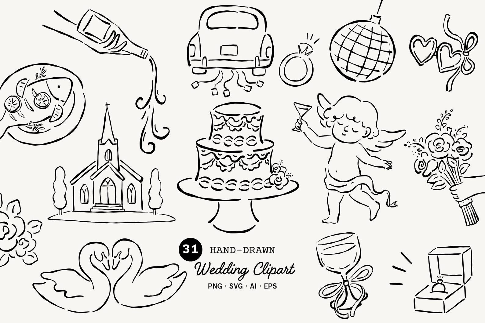 Hand Drawn Wedding SVG Clipart Bundle, Whimsical Wedding Doodle Icons ...