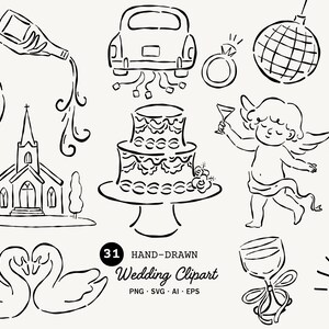 May include: Hand-drawn wedding clipart in black and white. The image includes illustrations of a wedding cake, church, champagne pouring, a car, a ring, a disco ball, hearts, an angel, flowers, swans, a wine glass, and a ring box.