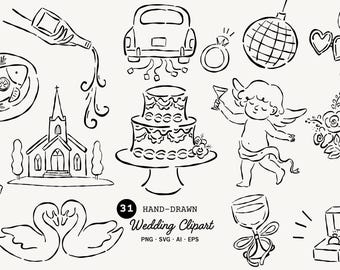 Hand Drawn Wedding SVG Clipart Bundle, Whimsical Wedding Doodle Icons, Wedding Clipart for Save the Date, Card, Signs, Invitations