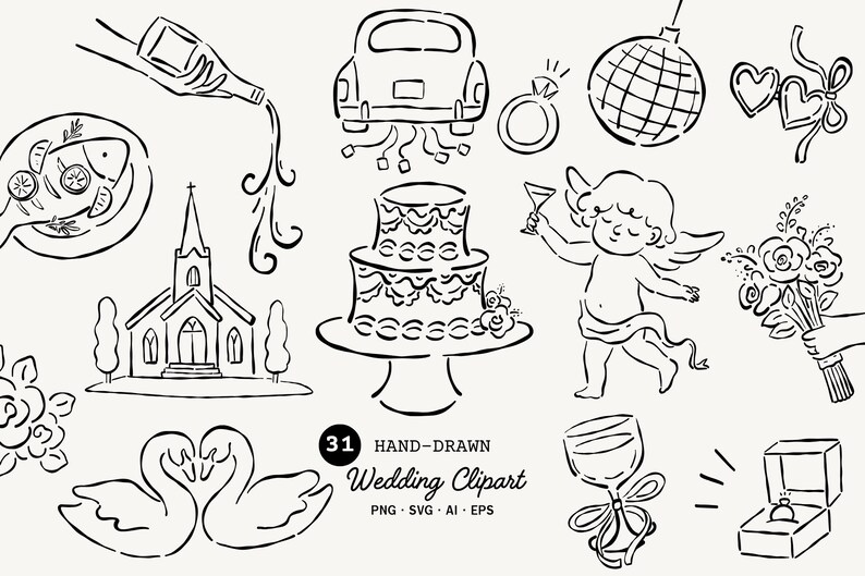 Hand Drawn Wedding SVG Clipart Bundle, Whimsical Wedding Doodle Icons ...